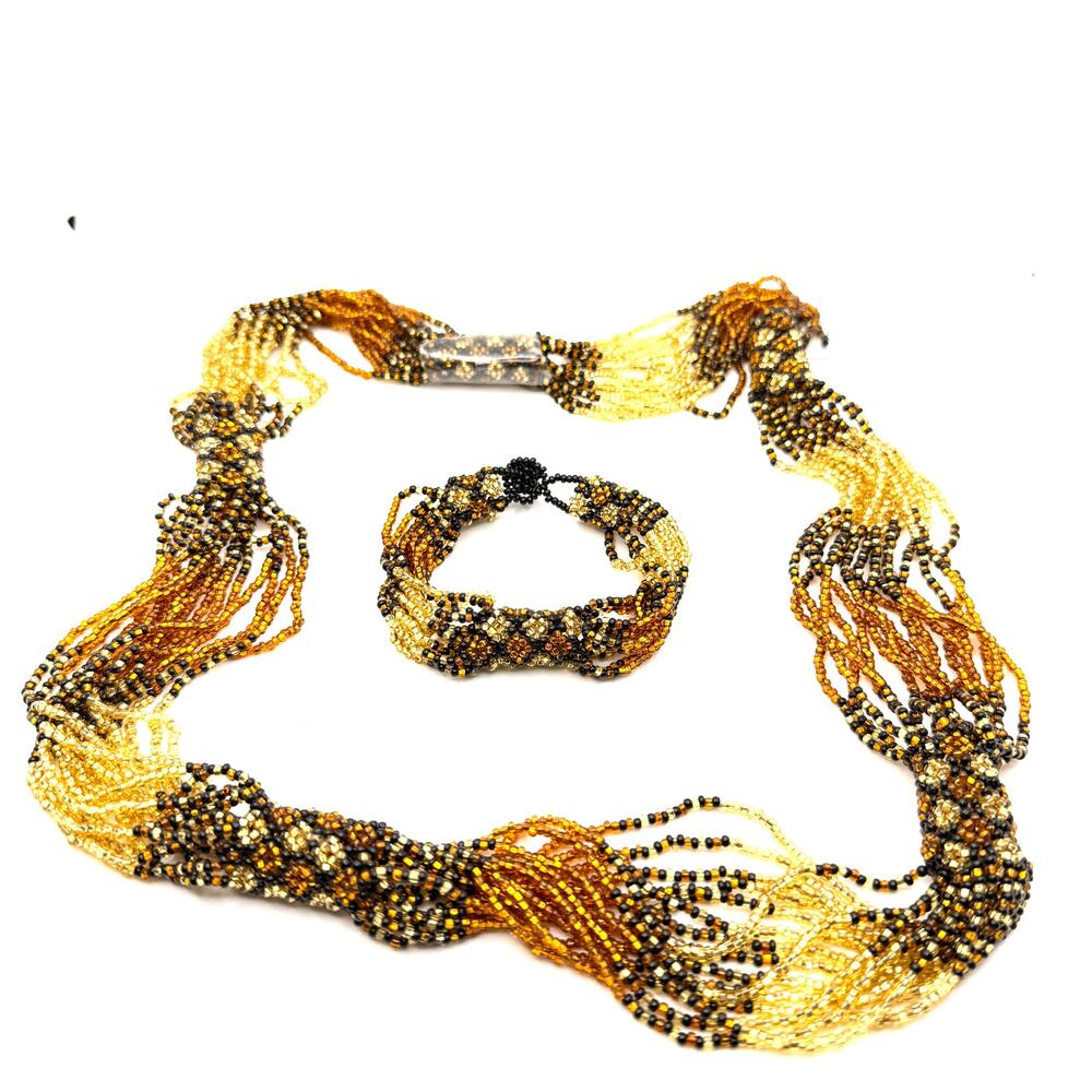 Gold Black Amber Glass Seed Bead Woven Necklace Bracelet Set
